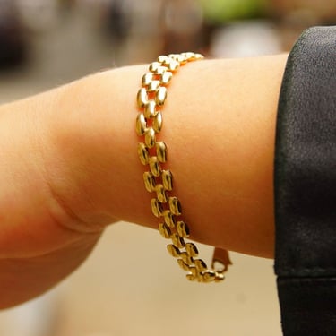 Vintage 10K Gold Panther Link Chain, 8mm Multi-Row Chain, Puffed Yellow Gold Links, Sophisticated Gold Bracelet, 7 1/2” L 
