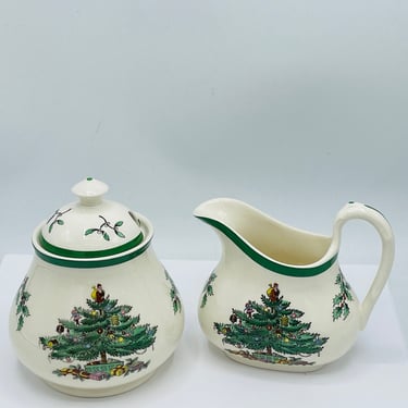 Wonderful vintage Sugar Bowl and Creamer in the classic Christmas Tree china pattern made by Spode circa 1980's 