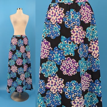 70s XS Floral Print Maxi Skirt - Seventies Polyester Print Long Skirt 