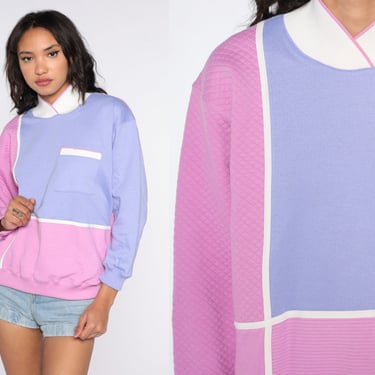 Color Block Sweatshirt 80s Pink Purple Sweater Shawl Neck Sweater Retro Slouchy Pullover Sweat Shirt Vintage Bright Medium 