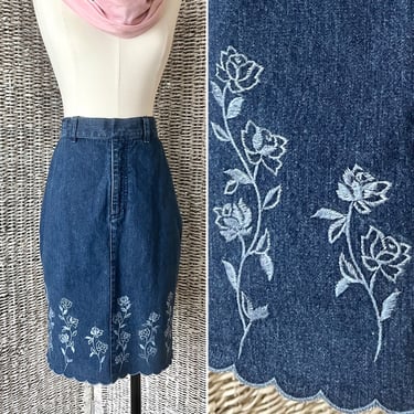 Embroidered Denim Skirt, High Waist, Floral Embroidery, Pencil Skirt, Blue Jean, Vintage 90s 