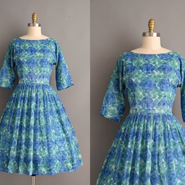 Vintage 1950s Dress | Blue Floral Print Full Skirt Spring Dress | Medium 