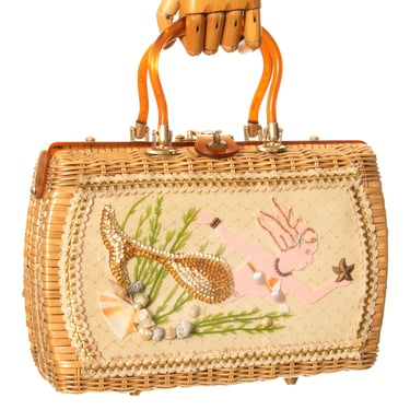 Vintage 1960s Box Purse | 60s PRINCESS CHARMING by ATLAS Novelty Mermaid Shells Wicker Lucite Handbag 