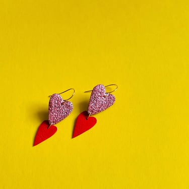 Glitter Heart Valentine Earrings - Glittery Tiered Heart Earrings in Pink and Cardinal Red 