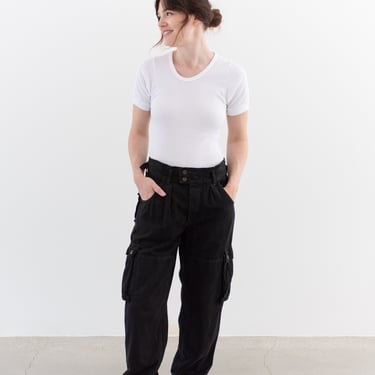 Vintage 30 Waist Black Cargo Pants | Unisex High Rise Fatigues Trousers | Euro Military | Contrast Stitching | P227 