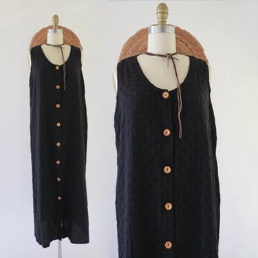 woven button dress - m - vintage 90s 1990s flowy cotton rayon black womens minimal long maxi sleeveless summer dress 