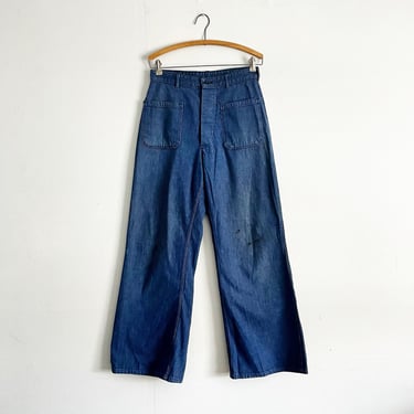 Vintage 50s USN Denim Dungarees Flared High Waisted Selvedge Button Fly Jeans Size 28 waist 