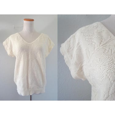 Vintage Cream Knit Sweater - Boho Short Sleeve Pullover Blouse - Cottagecore V-neck Slouchy Top - Size Large 