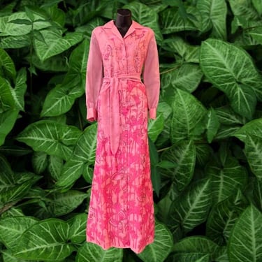 vintage Alfred Shaheen pink maxi dress 1960s butterfly print hostess gown large 