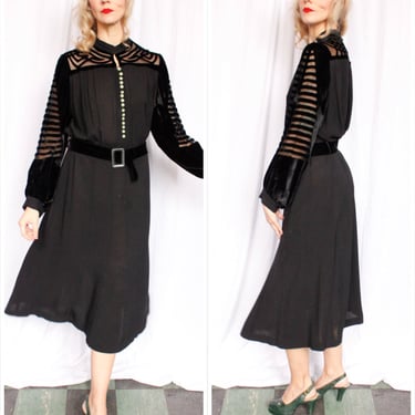1930s Vamp Silk Velvet and Rayon Crepe Dress - XL 