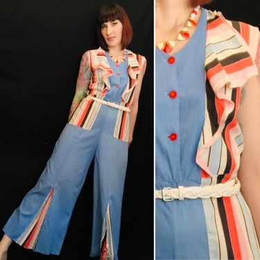 RARE Vintage 1930's Cotton Candy Striped Pierrot Style Beach Pajamas / 1930s Jumpsuit - size Small 
