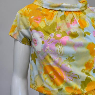 vintage 1960s 70s summer floral nylon skirt & blouse set XS-M 