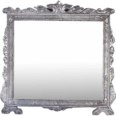 Rare Large Indo-Portuguese Silver Mounted Teak Framed Mirror 