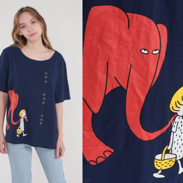 Elephant T-Shirt Y2K Cartoon Shirt Boy Animal Graphic Tee Cute Kawaii TShirt Navy Blue Buttons Children's Illustration Vintage 00s 2xl xxl 