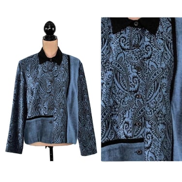 Y2K Chenille Jacket Petite Large, Blue Paisley Color Block, Boxy Button Down, 2000s Clothes Women, Vintage Clothing from Coldwater Creek 