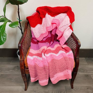 Valentines Color Handmade Pink, Purple & Red Chevron Striped Fall Blanket 62"x60" | Knit, Crochet, Afghan, 1970s, Retro, Funky, Comfy, Throw 