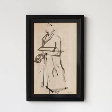 Framed Watercolor with Man in Trench Coat | Guy Aubert