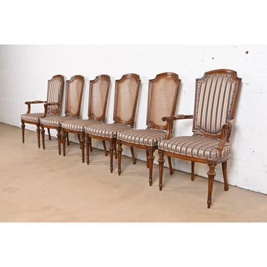 Henredon Style French Regency Louis XVI Carved Walnut and Cane Back Dining Chairs, Set of Six