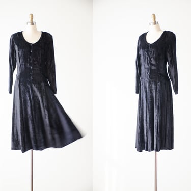 black velvet dress | 80s 90s vintage Passports jet black crushed velvet goth dark academia flowy long sleeve dress 