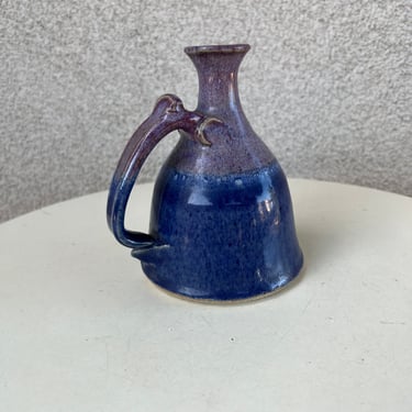 Vintage glossy glaze blue purple pottery small jug decanter sake bottle signed  size 6”x 1-4” 