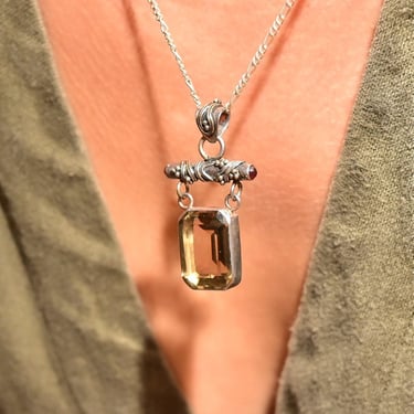 Lori Bonn Sterling Silver Smoky Quartz Double Drop Pendant Necklace, Emerald Cut Gemstone, 18