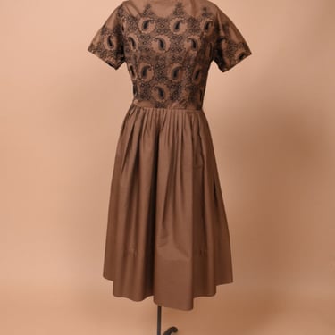 Brown 50s / 60s Pleated Paisley Embroidered Midi Dress By L’Aiglon, L