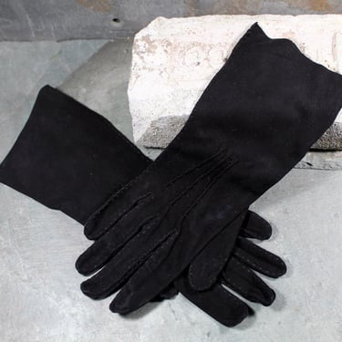 Vintage Black Hand Stitched Suede Gloves - Driving Gloves - Black Leather Slim Fit Gloves - Small Size | Bixley Shop 