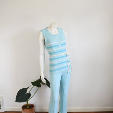 1970s Blue and White Knit Pant Suit - S 