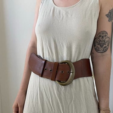 Vintage 1990s Womens Brown Leather Wide Statement Asymmetrical Waist Belt Sz L 