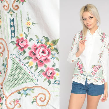 Floral Embroidered Blouse 70s Hippie Top White Cross-Stitch Shirt 1970s Boho Shirt Button Up Vintage Bohemian Long Sleeve Extra Small xs 