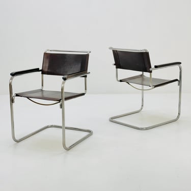 Set of 2 Bauhaus brown leather iconic armchairs by mart Stam for Thonet 1980s 