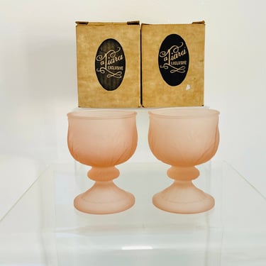 Vintage 1980s Pink Frosted NOS Tiara Exclusive Glass Stem Goblets Drinkware Glasses 