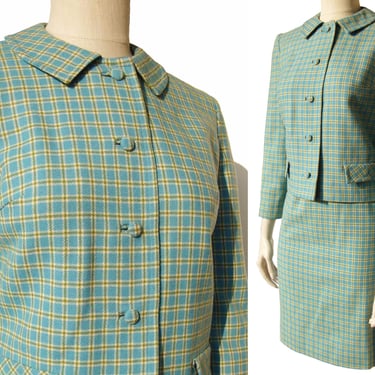 Vintage 60s Pendleton Skirt Suit Turquoise Wool Plaid S / M 