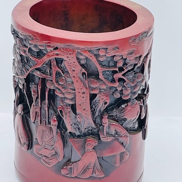 Chinese Lacquerware Hand-carved Exquisite Landscape Figure Brush Pot 