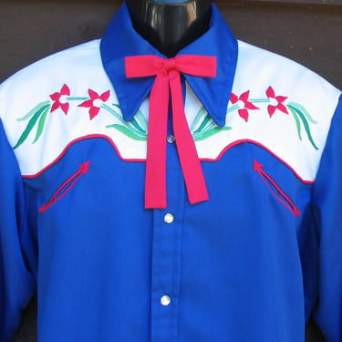 Custom Made by Kathleen Crouch Vintage Western Men's Cowboy, Rodeo Shirt, Royal Blue,  Embroidered Flowers, Approx. XLarge (see meas. photo) 