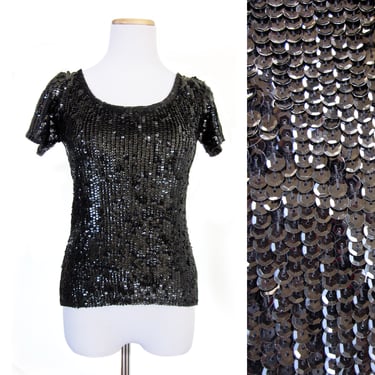 Vintage Oscar de la Renta Black Sequin Short Sleeve Sweater Top, Scoop Neck Short Sleeve Top, Special Occassion, Designer Vintage 