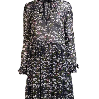 Ganni - Black & Multicolor Floral Print Long Sleeve Mini Dress Sz 4