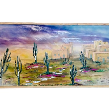 90s Southwest Landscape Oil on Canvas Painting, Postmodern Painting, Southwestern Decor 