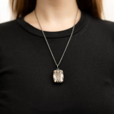 Big Goldenhair Quartz And Oxidized Sterling Silver Rectangle Pendant Necklace