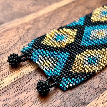 Vintage Seed Bead Cuff Bracelet Native American Teal Gold Beading Retro Fashion Western Southwestern 