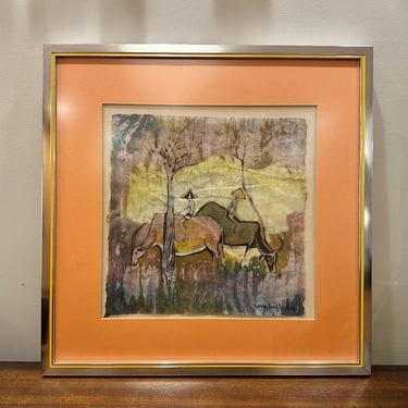 Midcentury Modern Asian Watercolor Painting, 1960s Oxen Riders Art Framed - Free Shipping 