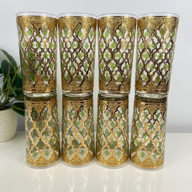 Set of 8 Retro Vintage Mid Century Alberto Culver “Valencia” Highball Glasses, Vintage Culver Green Barware, 22k Gold w/Green diamond 