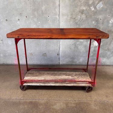 Vintage Industrial Red Metal and Wood Rolling Table