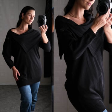 STELLA McCARTNEY Black Cowl Neck Pullover Sweater w/ Asymmetrical Off The Shoulder Drape | Made in Italy | 100% Wool | Y2K Designer Sweater 