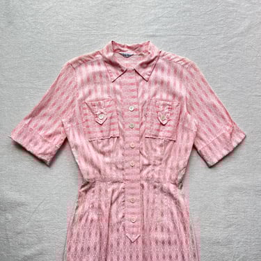Vintage 40s Dolly Myers Pink & White Jacquard Short Sleeve Belted Shirt Dress 