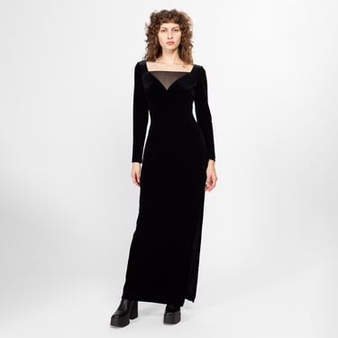 Medium 90s Black Velvet Mesh Cut Out Maxi Dress | Vintage Gothic Witchy Long Sleeve Thigh Slit Sexy Formal Evening Gown 