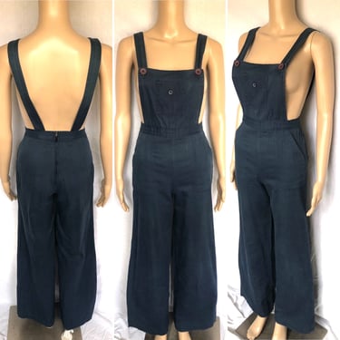 The Perfect Vintage 1970's Blue Denim Wide Leg Flare Bellbottom Overalls - size Small XS 