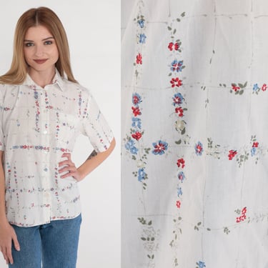 White Floral Blouse 90s Button up Shirt Checkered Flower Print Short Sleeve Top Retro Summer Collared Chest Pocket Vintage 1990s Small S 