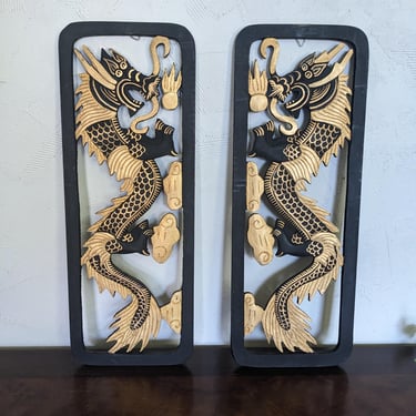 Pair of Black and Gold Hand Carved Wood Dragon Wall Panels 