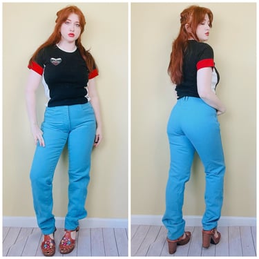 1980s Vintage Wrangle Turquoise Western Jeans / 80s High Waisted Cotton Boot Cut Mom Denim Pants / Size Medum 